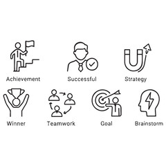 Successful business development linear icon collection. Containing achievement, 
successful, strategy, winner, teamwork, goal, brainstorm vector