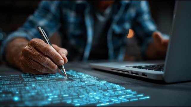 Person writing on holographic interface