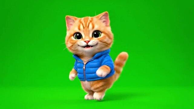 Funny cute cat in stylish clothes dancing happily on green screen
