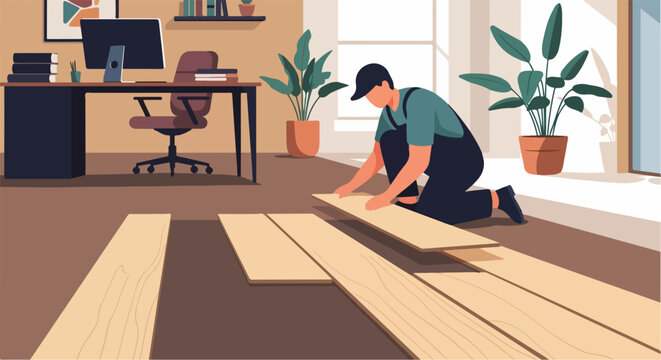 Hardwood flooring installation demonstrates worker placing boards on floor, room scene. Installation includes aligning planks and home improvement project.