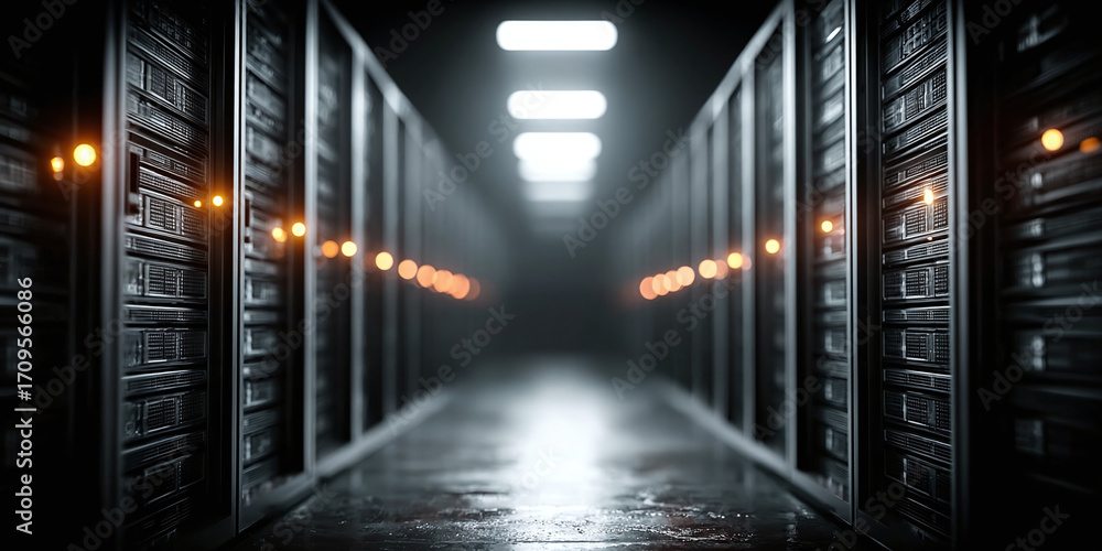 Poster a perspective view down a dark server room hallway with rows of server racks and glowing lights