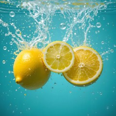 Vibrant lemons splash into crystal clear water creating dynamic refreshing motion