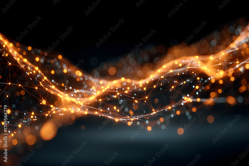 Poster abstract glowing network of orange lines and dots against a dark backdrop. concept for data visualiz