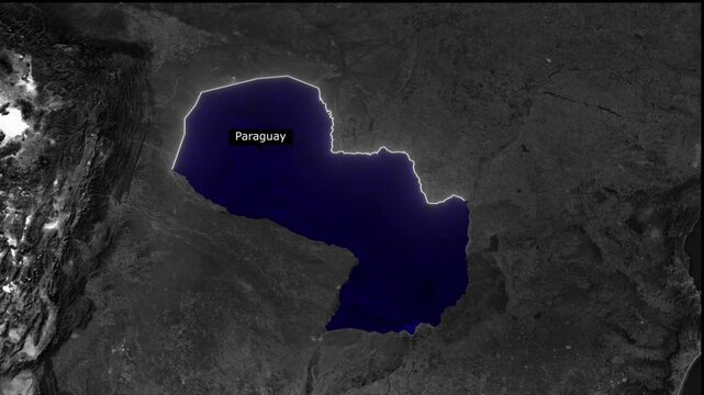 Aerial view of paraguay highlighted in blue against a dark gray map background with city lights visible