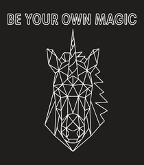 Be Your Own Magic – Geometric Unicorn Line Art with Motivational Quote on Black Background