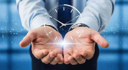 Professional man controlling time, futuristic corporate work and efficiency strategy, digital innovation for productivity, global network and communication in background.