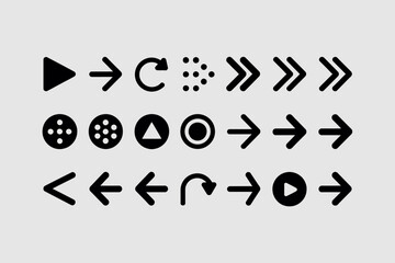 Collection of Black Arrow Icons and Navigation Symbols for Web Design.