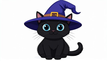 Cute black kitten wearing witch hat cartoon illustration
