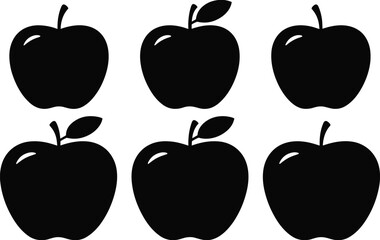 Silhouettes of six apples with different leaf and stem variations, black fruit icons in two rows, simple design for food and pattern illustration