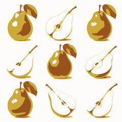 Realistic Collection of Whole and Halved Pears Isolated on White Background.