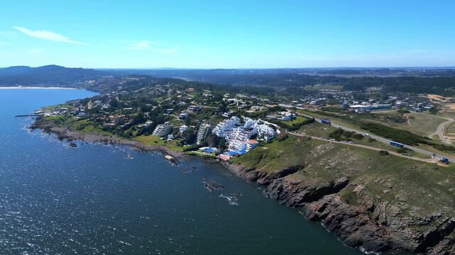 Aerial View of Casapueblo on Rocky Coastline of Punta Ballena Uruguay