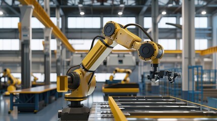 Fototapeta premium Precision at Work: Efficient Factory Robotic Arm Operation – A Sleek, Metallic Robotic Arm in a Modern Manufacturing Plant, Swiftly Assembling Components, Welding Parts, or Sorting Products