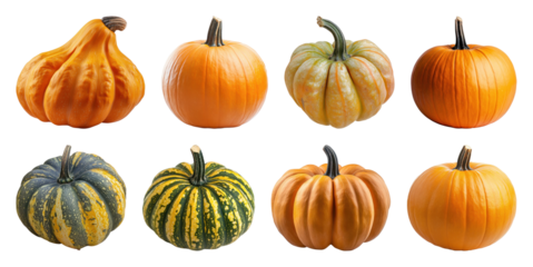 Variety of colorful pumpkins displayed.