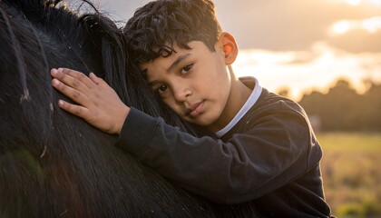 Thoughtful young boy embraces a large animal in golden sunset light.