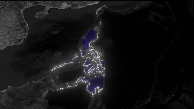 Aerial view of philippines archipelago with glowing outline in dark grayscale environment