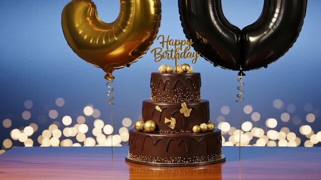 30th Birthday Celebration with Gold and Black Balloons, Elegant Chocolate Cake