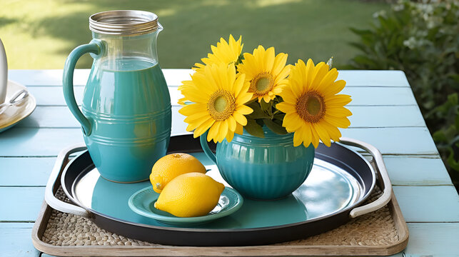 Juego de jarra y cuenco vintage sobre una bandeja decorativa