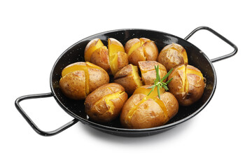 Tasty baked potatoes with rosemary isolated on white