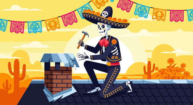 Vector Day of the Dead skeleton worker repairing roof with hammer and nails, colorful mexican banner. Day of the Dead themed character on roof with cactus and desert landscape.