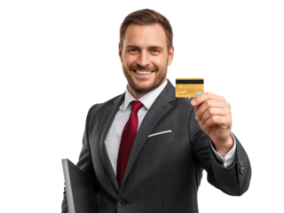 Confident businessman presenting a credit card with friendly smile isolated cutout