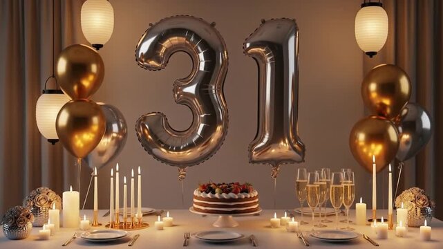 31st Birthday Party Table Setting with Silver Balloons, Cake, Champagne and Candles