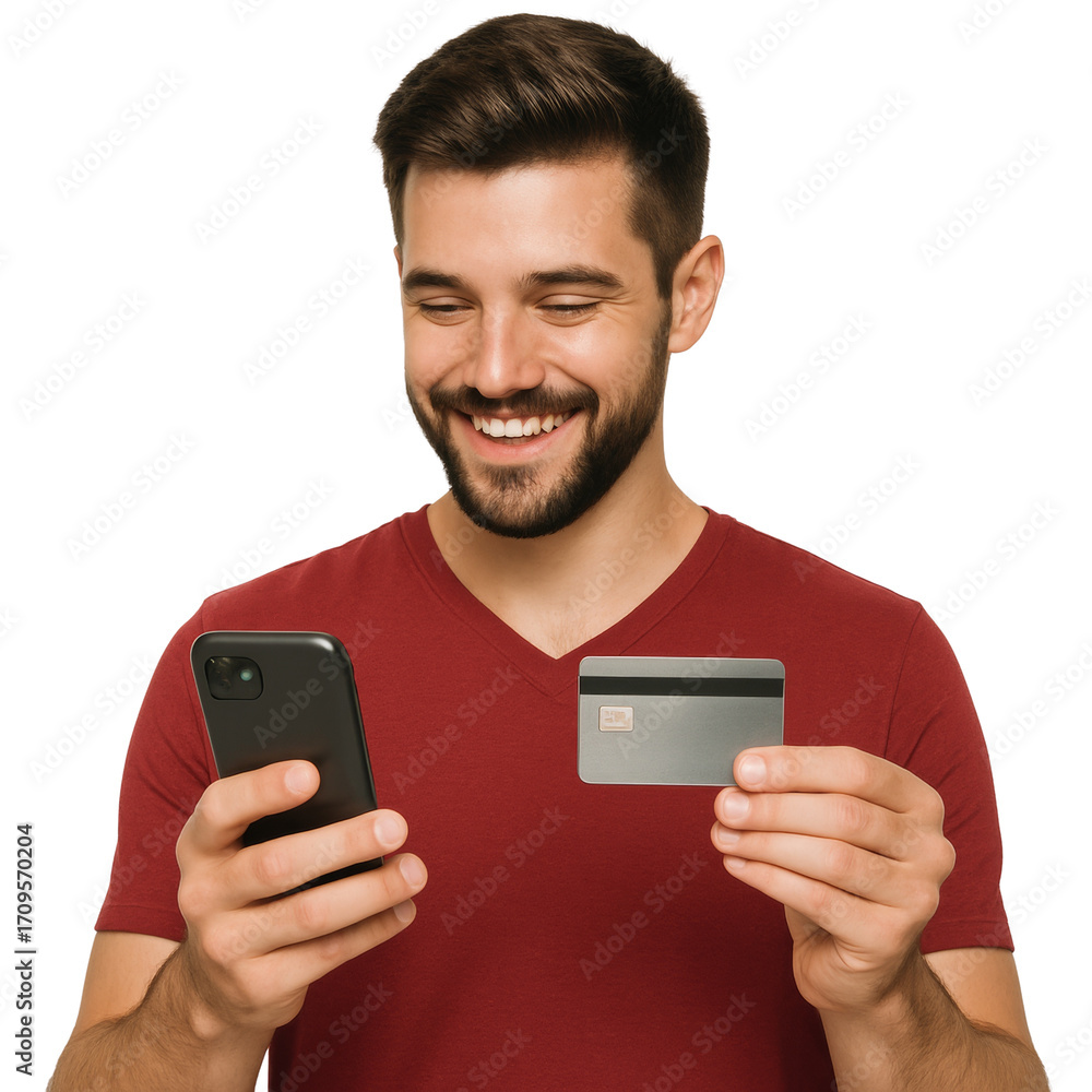 Poster young man smiling using a smartphone and credit card isolated on transparent