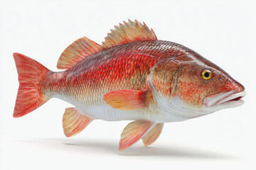 Full shot of a red snapper fish.  Bright red scales,  orange fins,  white belly.  3D rendering on white background
