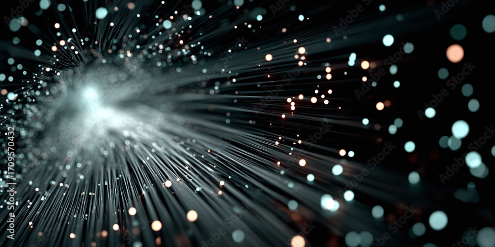Poster abstract luminous fiber optics with bokeh effect, representing data transmission and digital connect