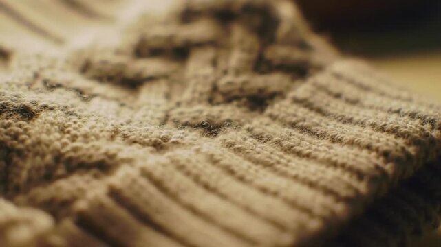 Finger traces woven texture of sweater