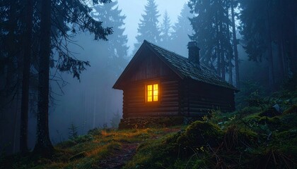 Old Wooden Cabin in Deep Forest, Secluded Wilderness Scen