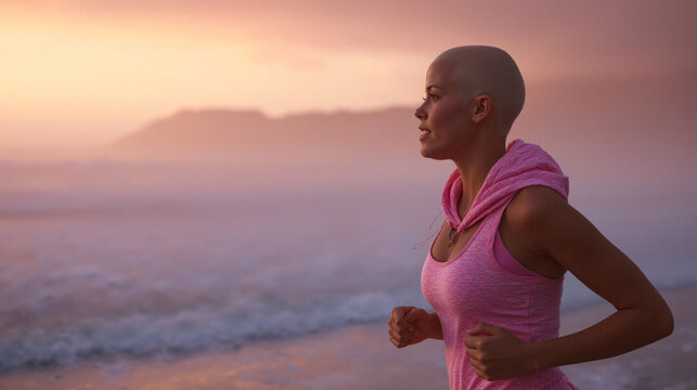 Bald cancer survivor running on beach at sunrise in pink sportswear for Breast Cancer Awareness - Powered by Adobe