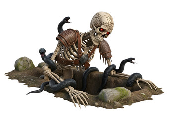 Fototapeta premium A skeletal warrior, adorned with ancient markings, lies entombed in a rocky grave, surrounded by venomous serpents.