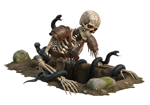 A skeletal warrior, adorned with ancient markings, lies entombed in a rocky grave, surrounded by venomous serpents.