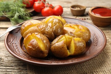 Tasty baked potatoes with ground black pepper on wooden table, closeup