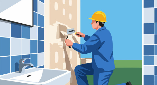 Construction worker repairing wall with plaster and spatula tool in bathroom renovation project. Worker applying spackle to drywall surface during home improvement.