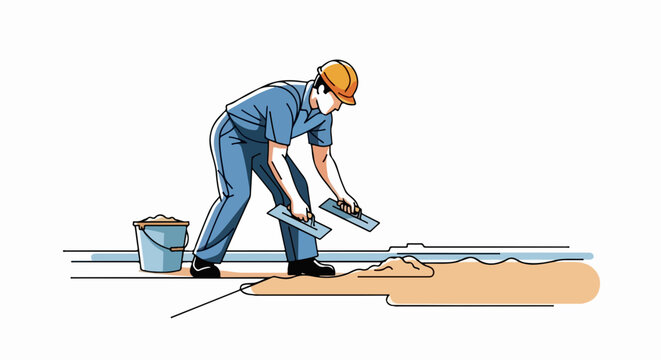 Vector illustration of worker applying floor screed with trowel and bucket, construction site preparation. Floor screed application for building foundation, worker in uniform.