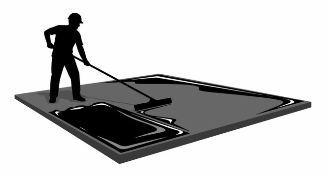 Worker using squeegee, applying liquid material evenly across surface. Spreading liquid material is vital for flooring and roofing applications. Liquid material guarantees effective work,