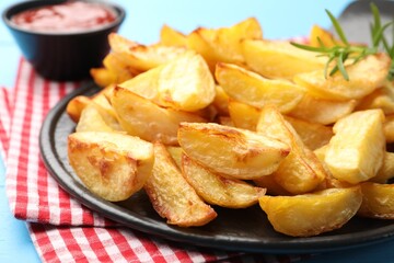 Tasty baked potatoes on light blue table, closeup