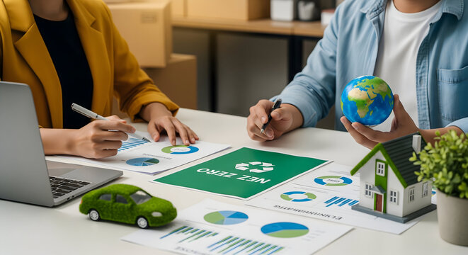 Eco-conscious team planning for a sustainable future with net zero and green initiatives