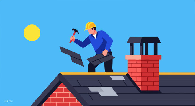 Roofer installing shingles on house roof with chimney and tools. Roofing contractor working on residential building. Concept roofing services.
