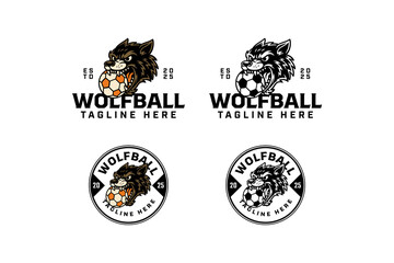 Wolf biting soccer ball retro badge logo vector design set for sport mascot. Wild canine holding football vintage emblem logo graphic pack. Beast predator gripping ball illustration patch design