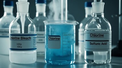 Close-up of Labeled Chemical Bottles and Beaker with Liquids in a Laboratory Setting - Powered by Adobe