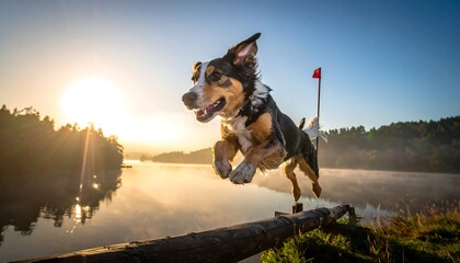 Dog jumping over log at sunrise