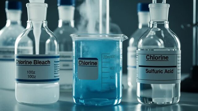 Close-up of Labeled Chemical Bottles and Beaker with Liquids in a Laboratory Setting