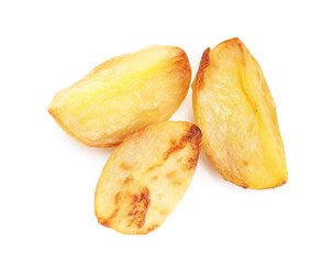 Tasty baked potatoes isolated on white, top view