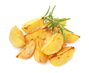 Tasty baked potatoes with rosemary isolated on white