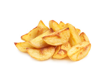 Pile of tasty baked potatoes isolated on white