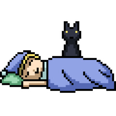 pixel art of man sleep with cat on top