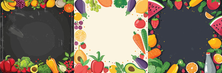 set of tropical fruit frames and festive decorative backgrounds