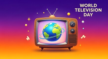 Retro television with earth globe for world television day celebration concept
